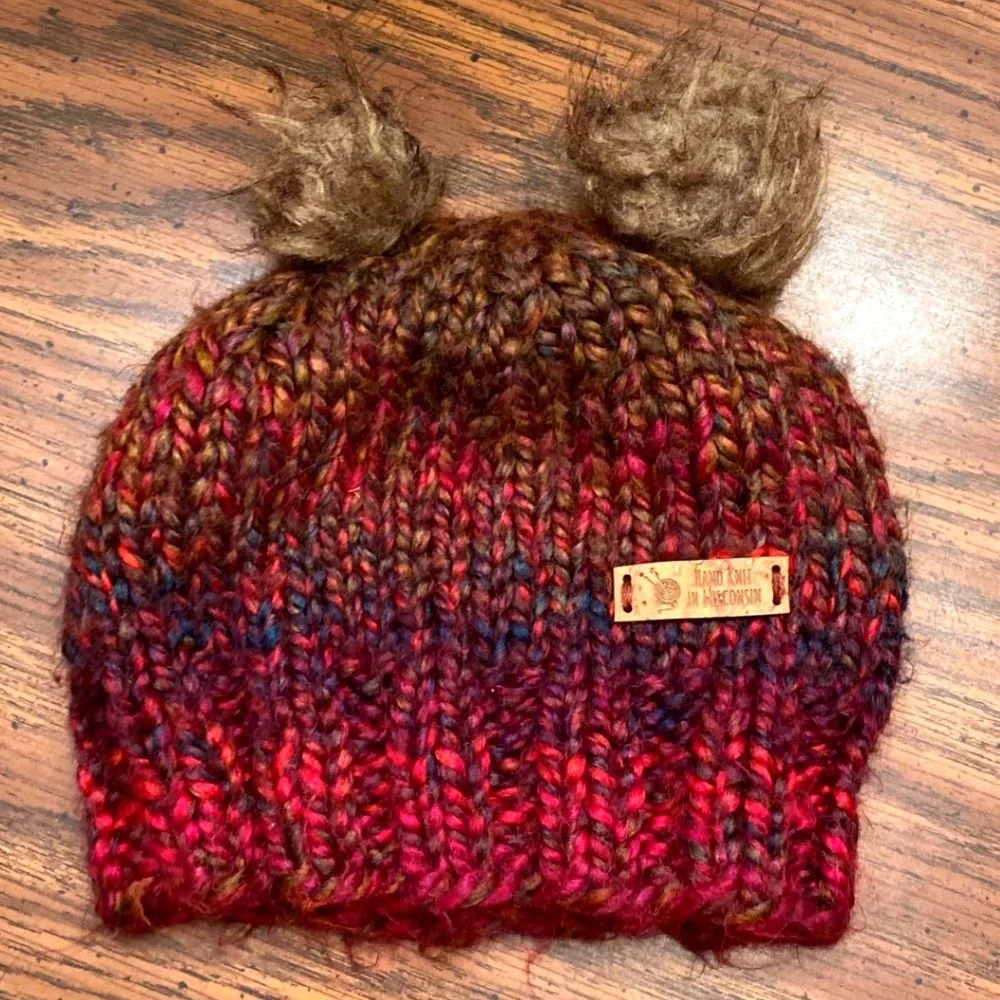Handmade‎ Knit Double Pom Beanie Kids One Size Multi-Color Excellent Winter Hat